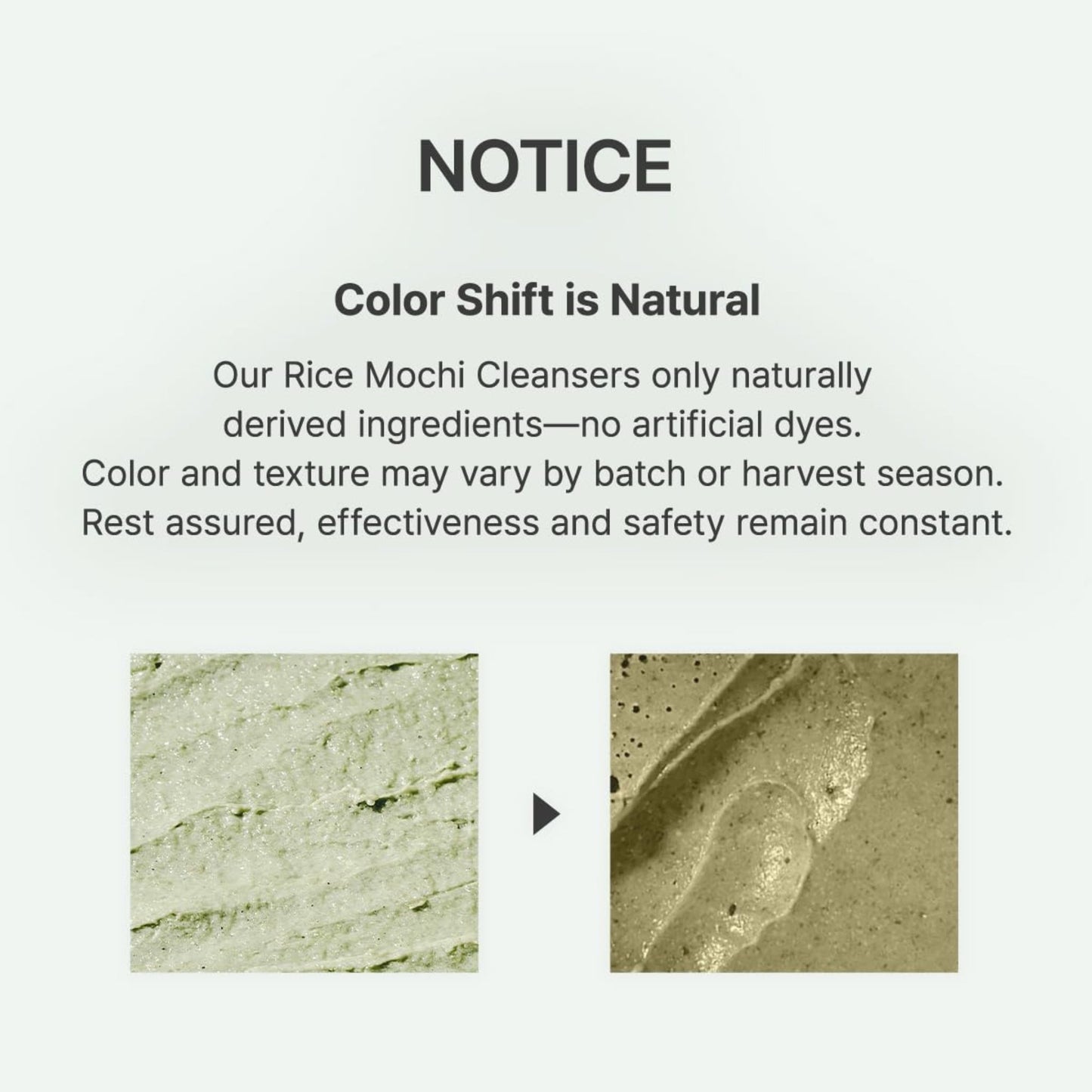 Notice about color shift in Rice Mochi Cleaners with natural ingredient text and images.