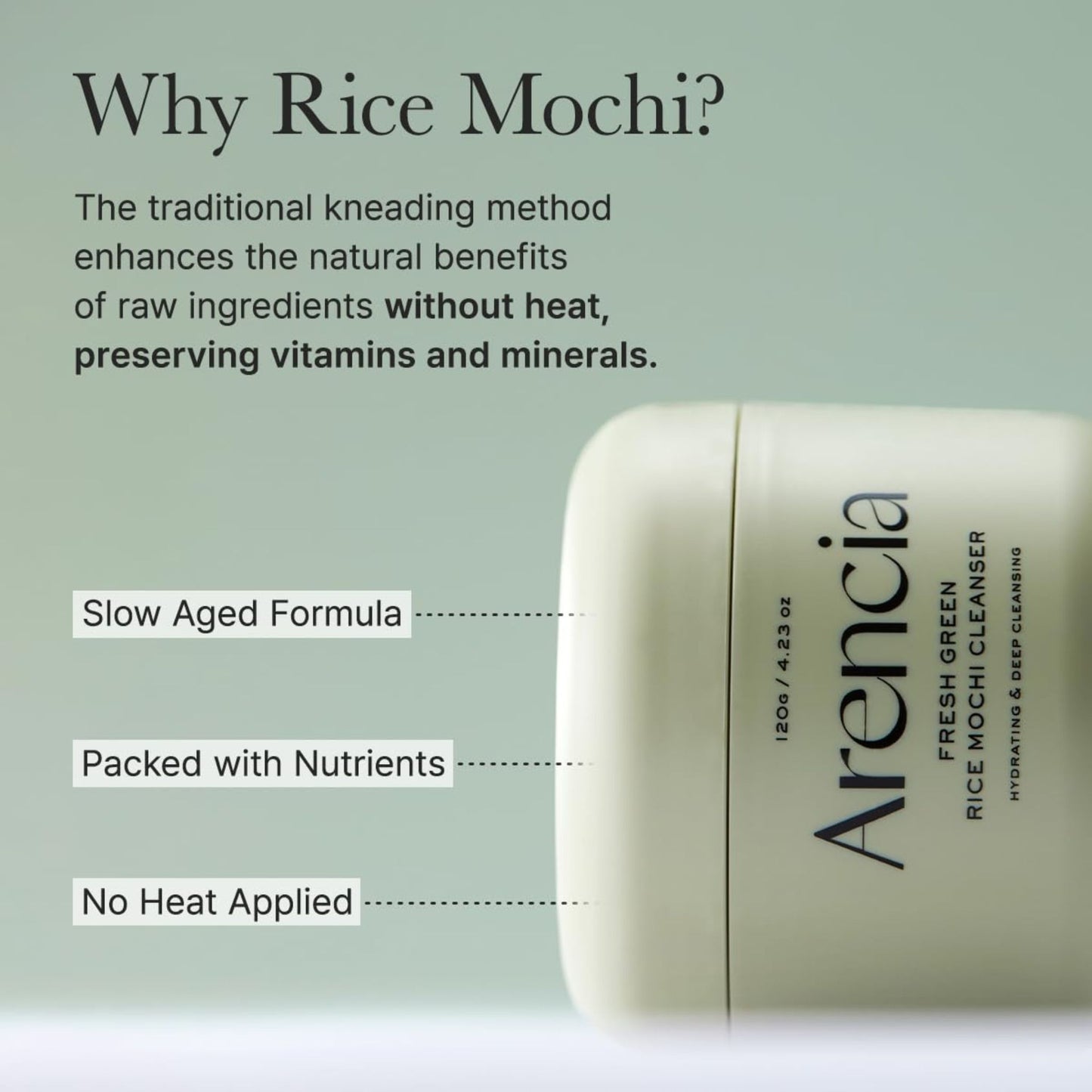 Arencia rice mochi cleanser with text on a light green background