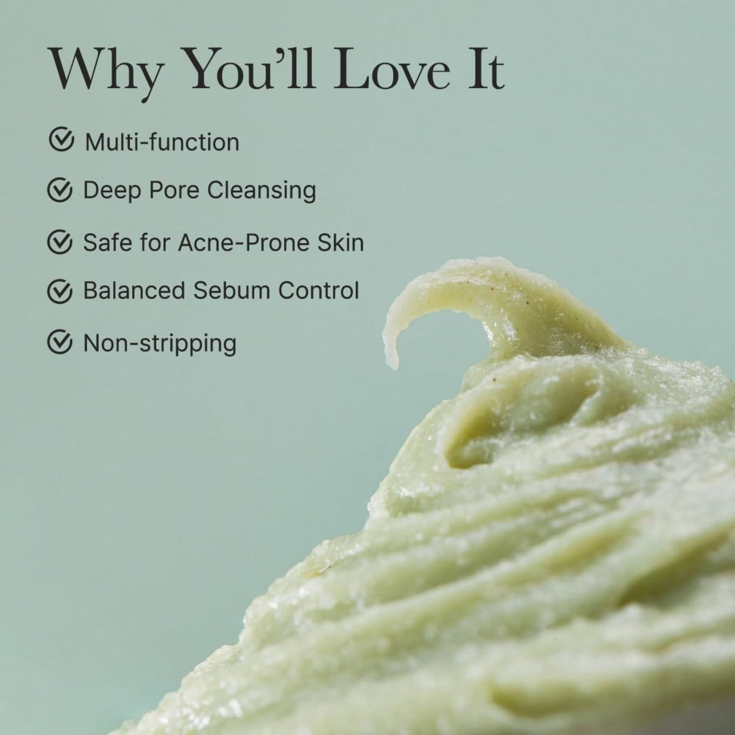 Green skincare product with text listing its benefits on a light green background