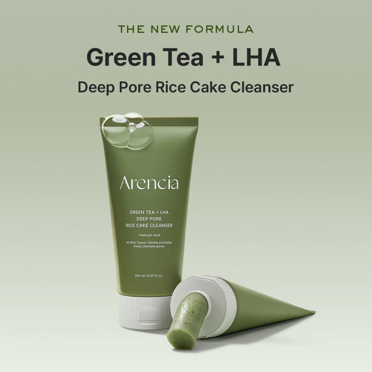 Green Tea + LHA Deep Pore Rice Cake Cleanser by Arencia on a light green background