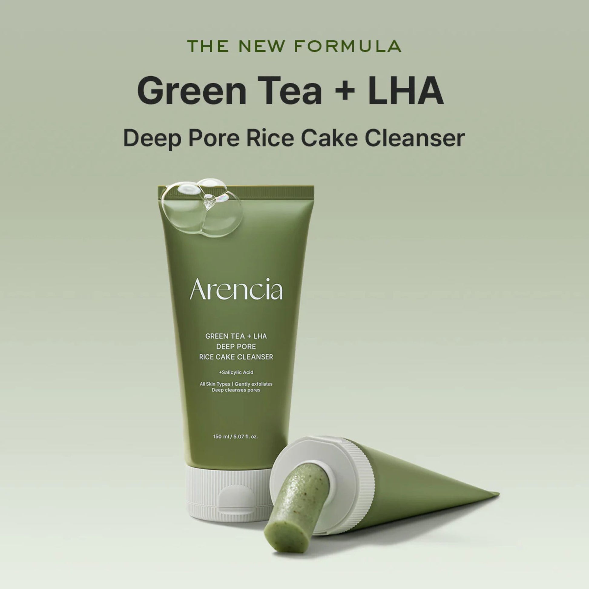 Green Tea + LHA Deep Pore Rice Cake Cleanser by Arencia on a light green background