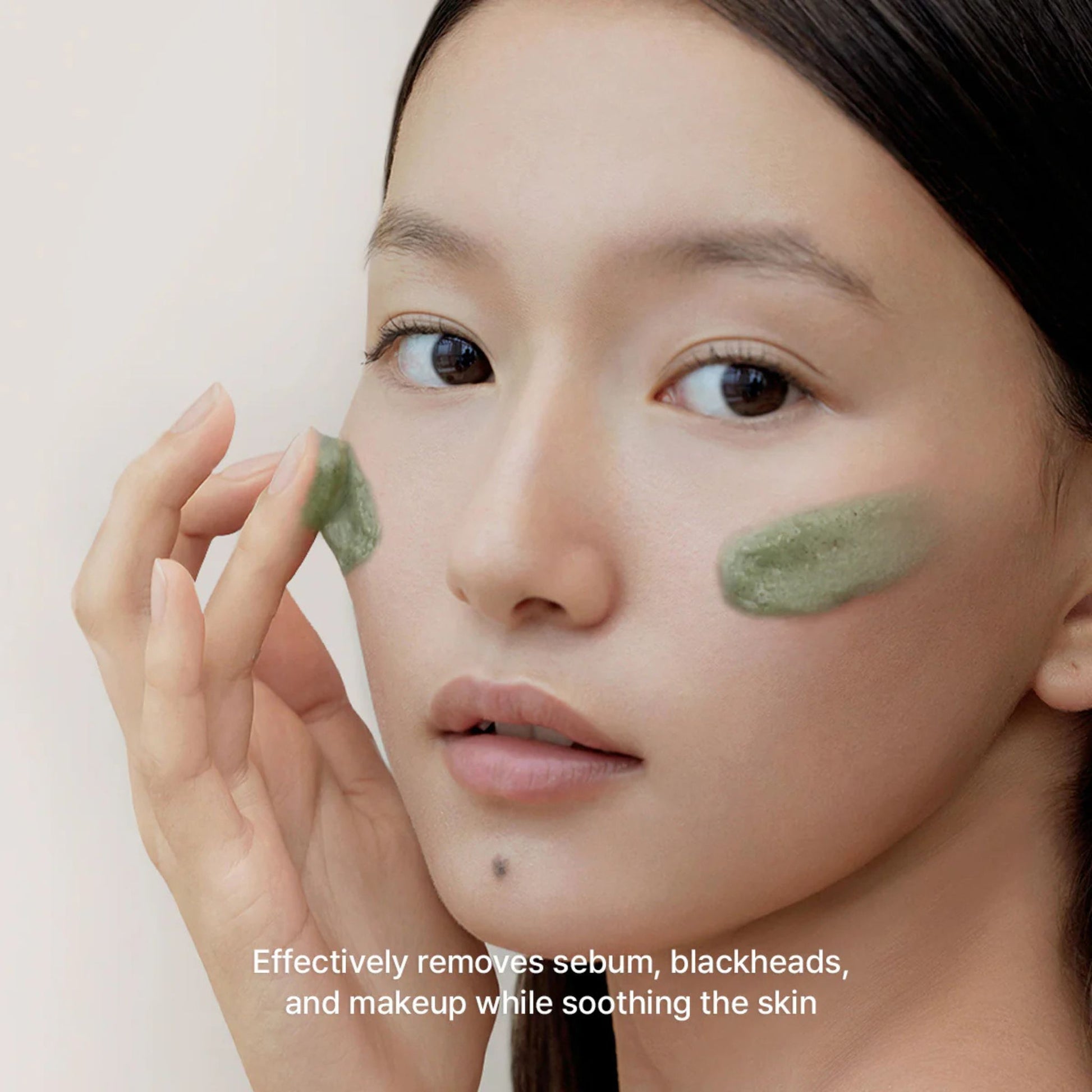Woman applying green facial mask with text about skincare benefits