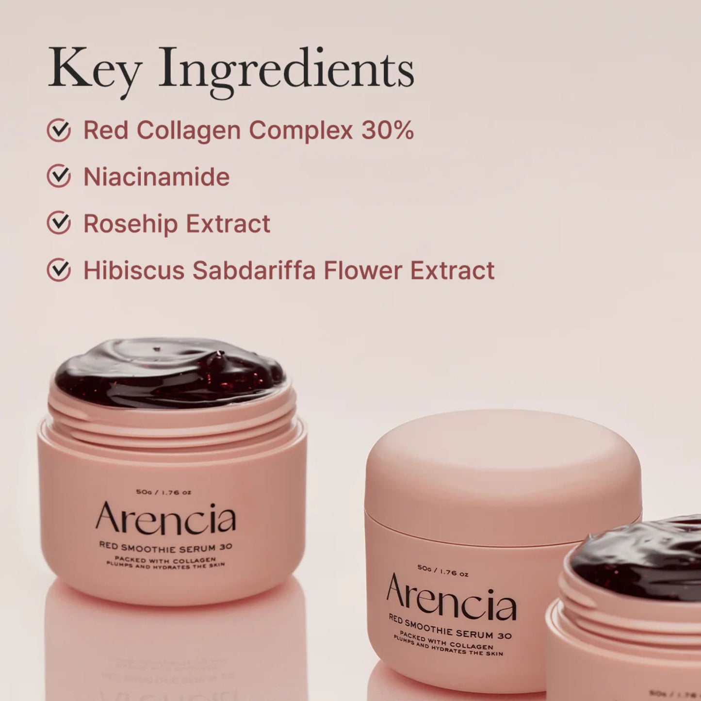 Arencia skincare serum jars with a list of key ingredients on a light pink background