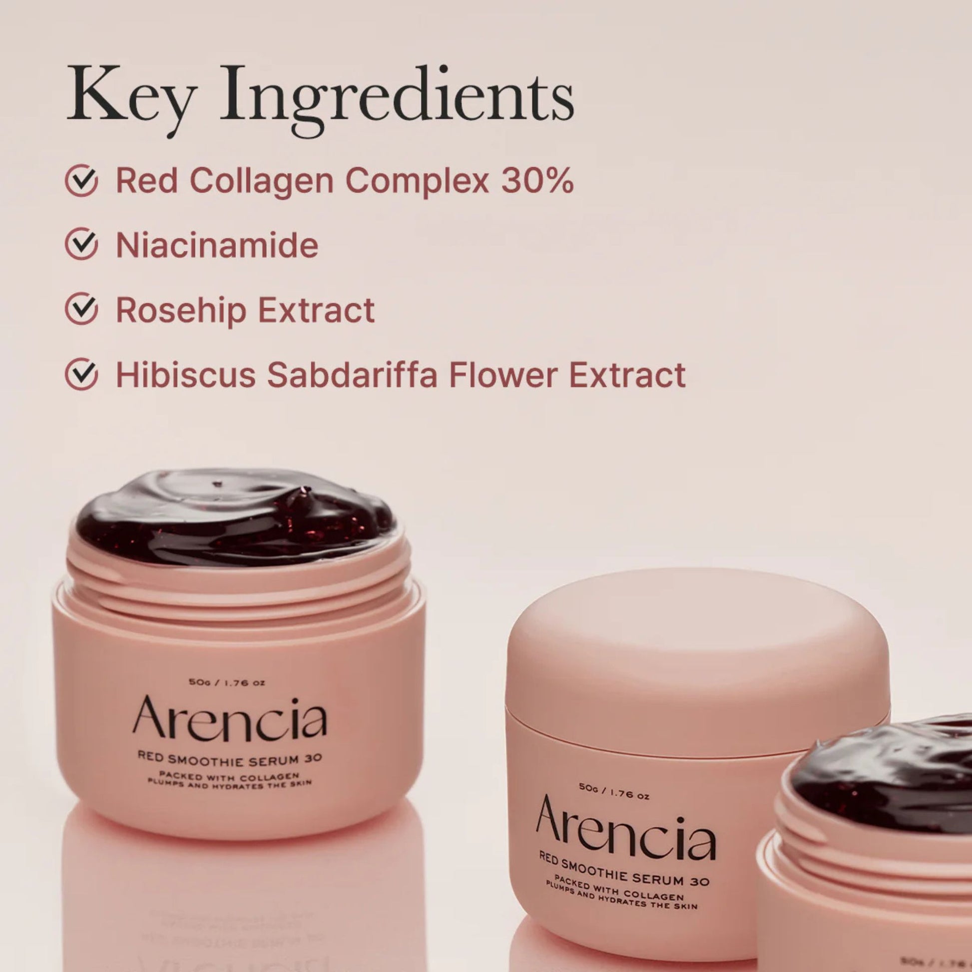 Arencia skincare serum jars with a list of key ingredients on a light pink background