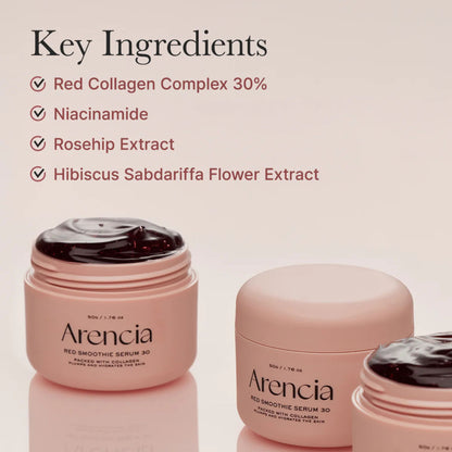 Arencia skincare serum jars with a list of key ingredients on a light pink background