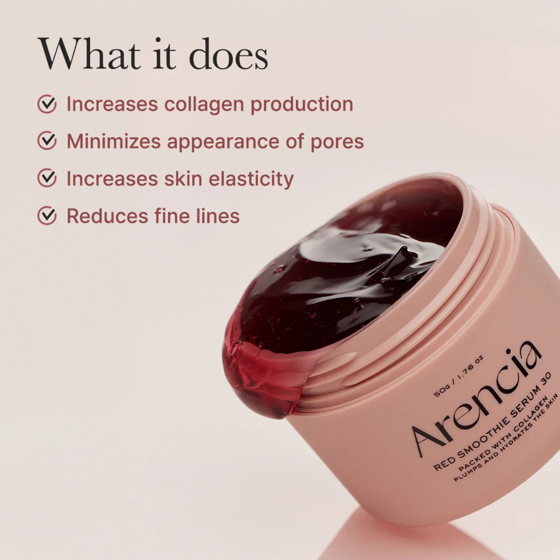 Arencia Red Smoothie Serum jar with serum visible, on a light beige background