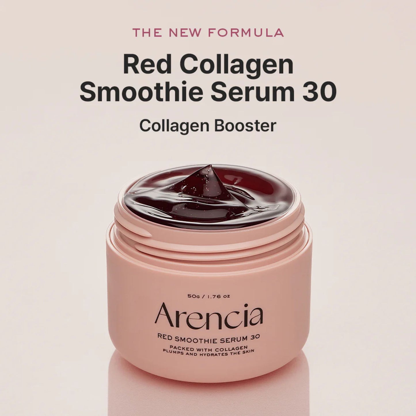 Pink jar of Arencia Red Collagen Smoothie Serum 30 on a light pink background