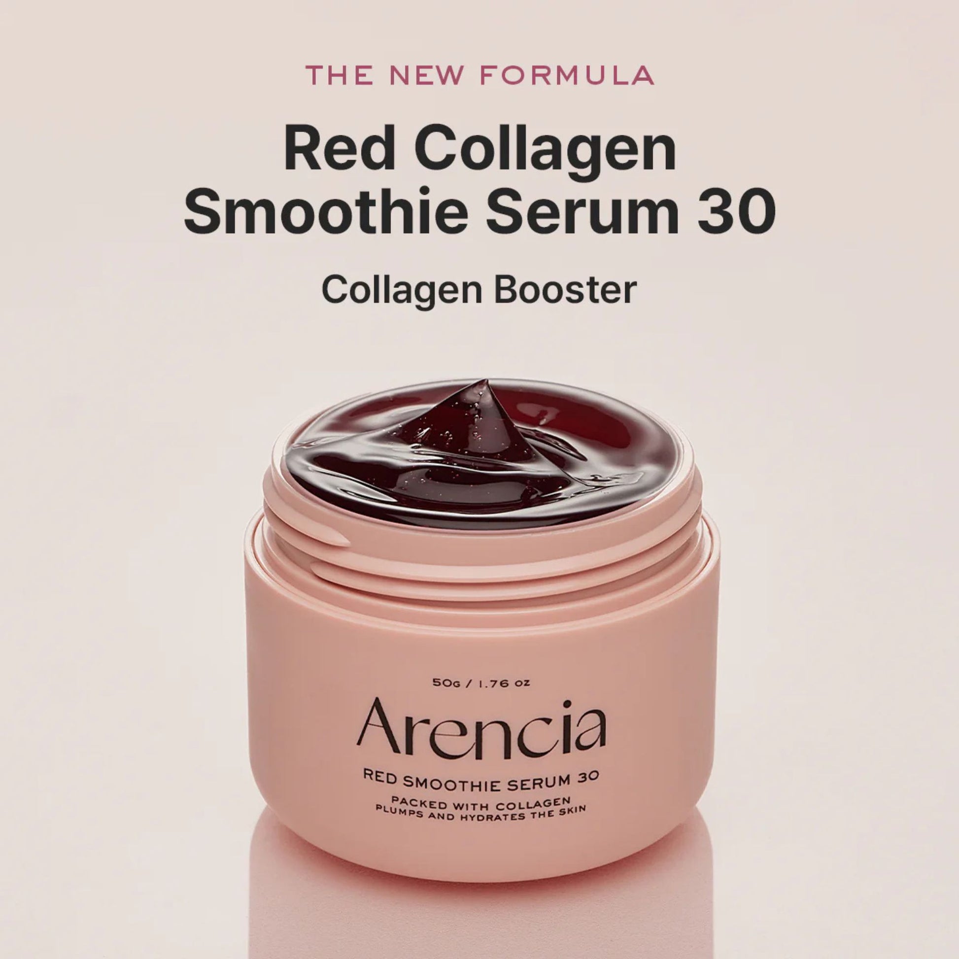 Pink jar of Arencia Red Collagen Smoothie Serum 30 on a light pink background