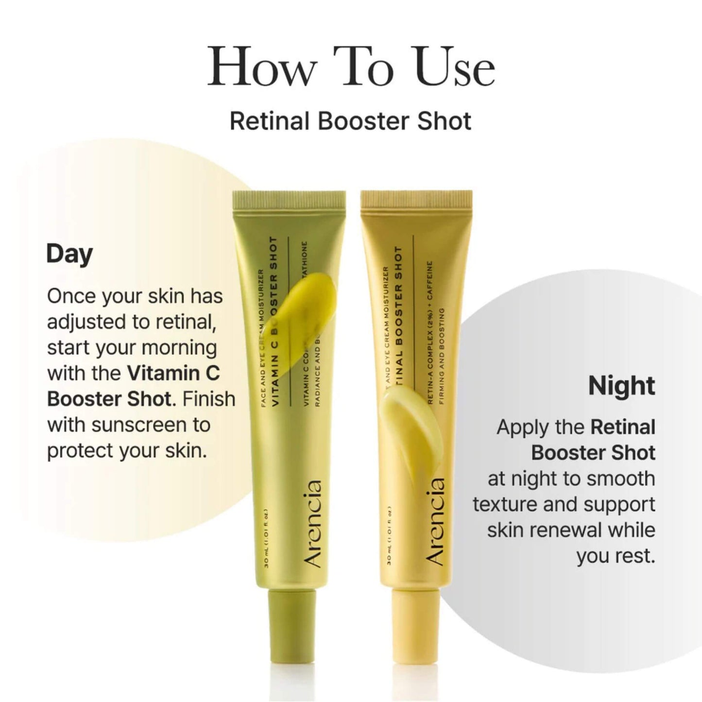 Two Arancia Vitamin C Booster Shot tubes with usage instructions on a white background