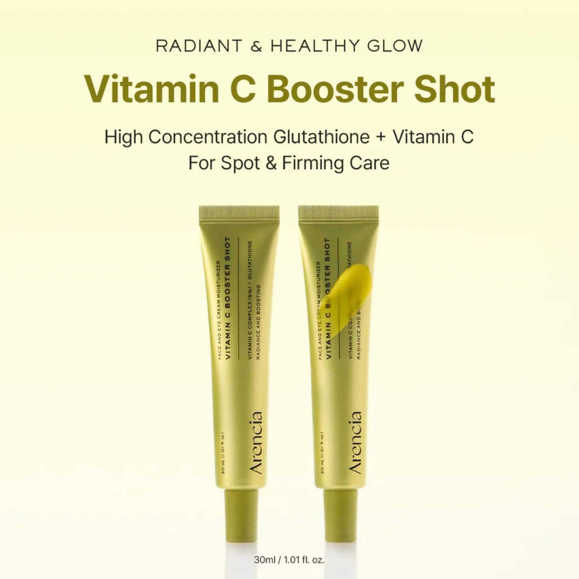 Two Arancia Vitamin C Booster Shot tubes on a light yellow background with text about the product.