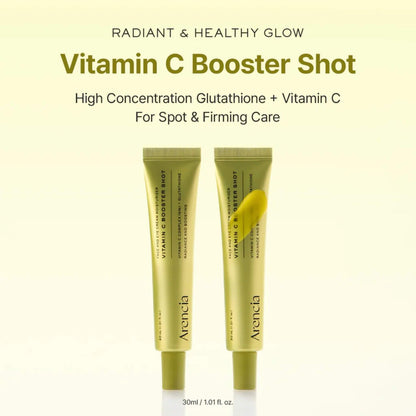 Two Arancia Vitamin C Booster Shot tubes on a light yellow background with text about the product.