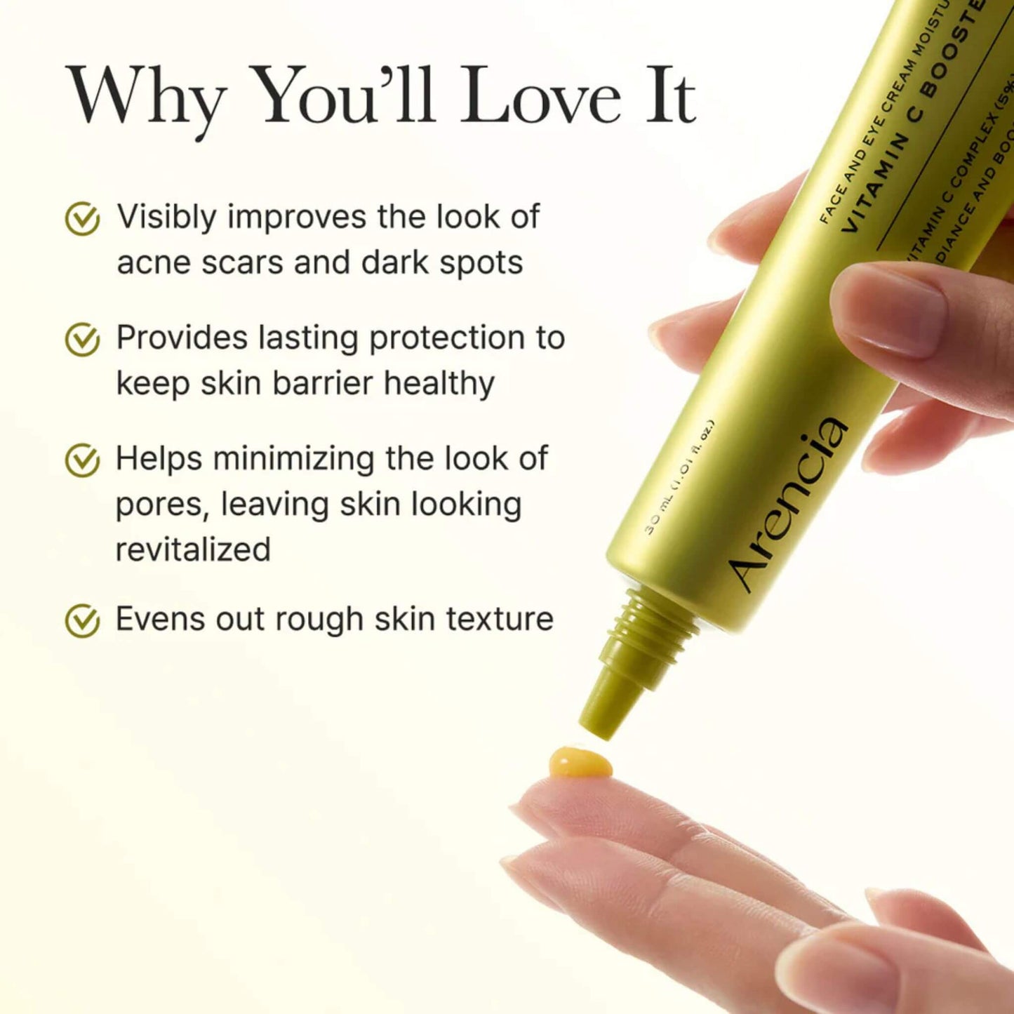 Arencia skincare product with text highlighting its benefits on a white background