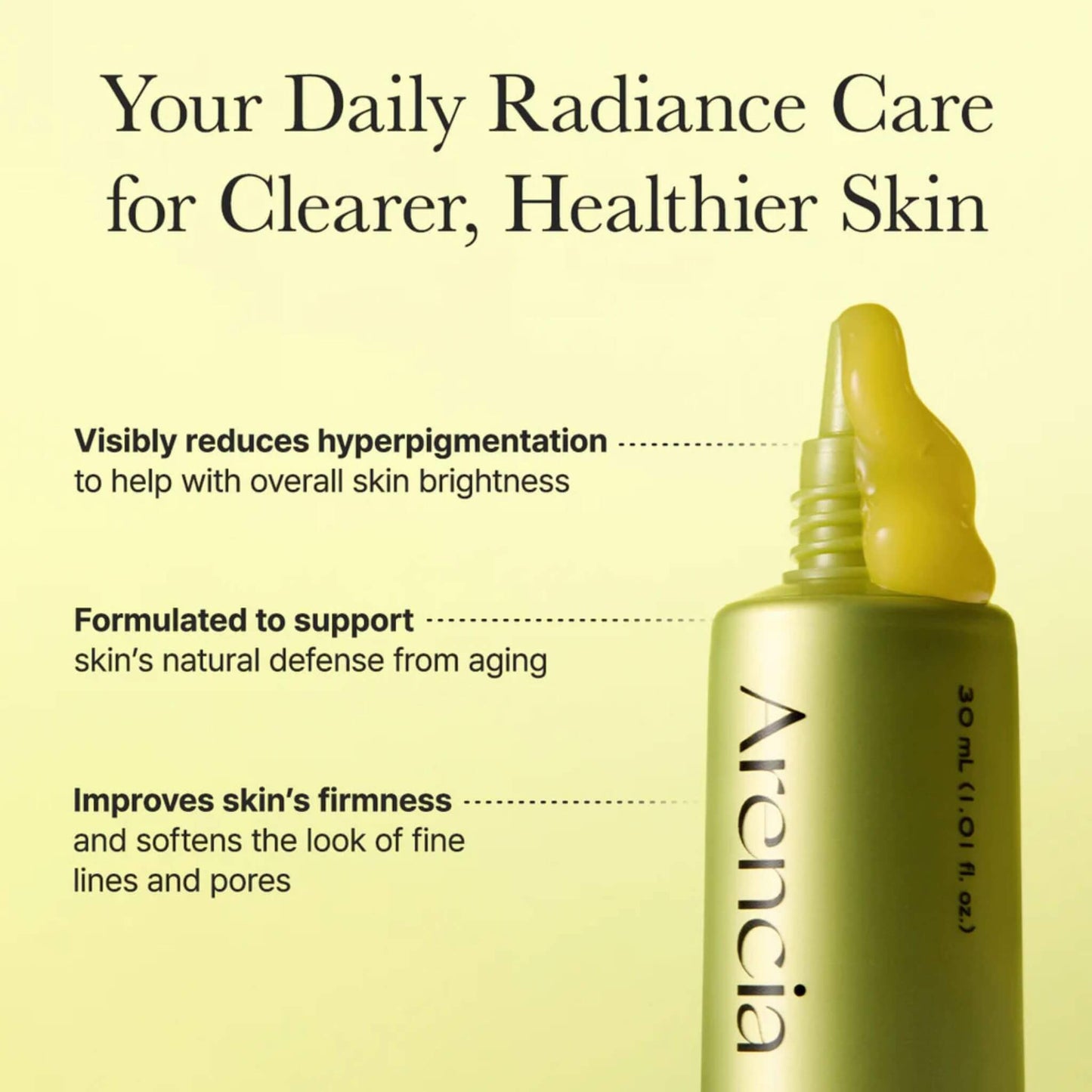 Skincare serum bottle with text on a yellow background, featuring the brand 'Arenicia'.