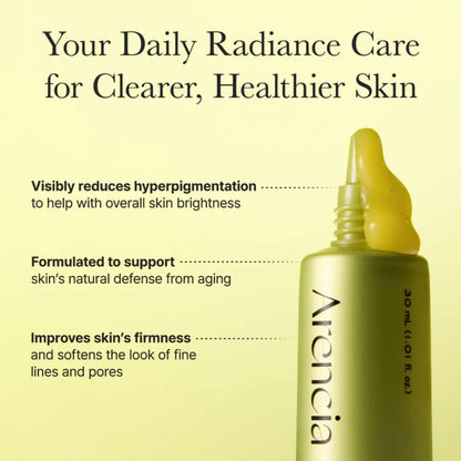 Skincare serum bottle with text on a yellow background, featuring the brand 'Arenicia'.