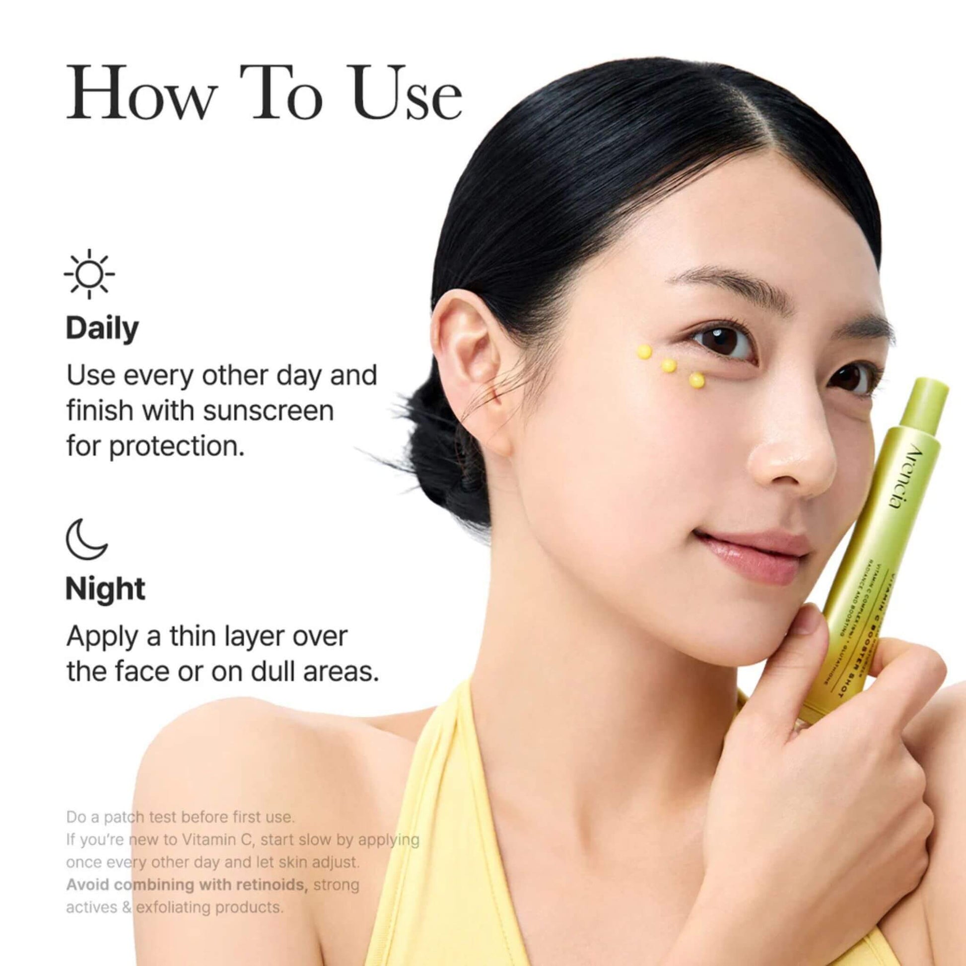 Woman applying skincare product with text on how to use it daily and night.