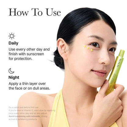 Woman applying skincare product with text on how to use it daily and night.