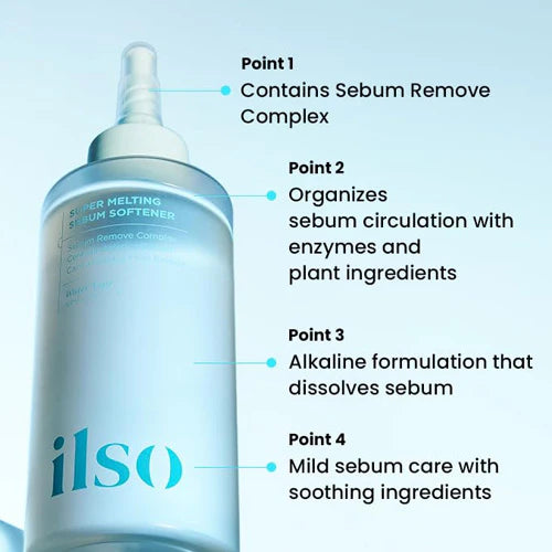 ilso product bottle with text detailing its features on a light blue background
