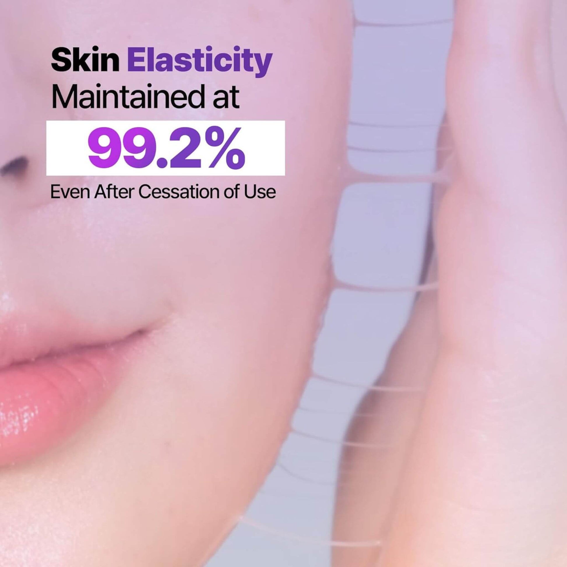 Close-up of skin with text indicating skin elasticity maintained at 99.2%.