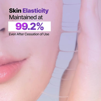 Close-up of skin with text indicating skin elasticity maintained at 99.2%.