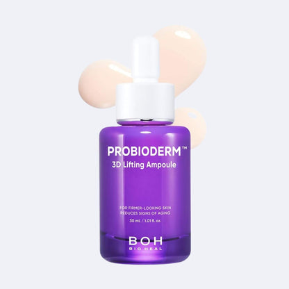 Purple skincare ampoule bottle with dropper labeled 'PROBIODERM 3D Lifting Ampoule' on a light gray background.