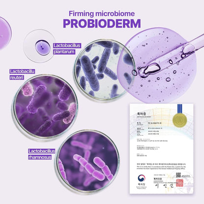 Probiotic product with Lactobacillus strains and certification on a white background