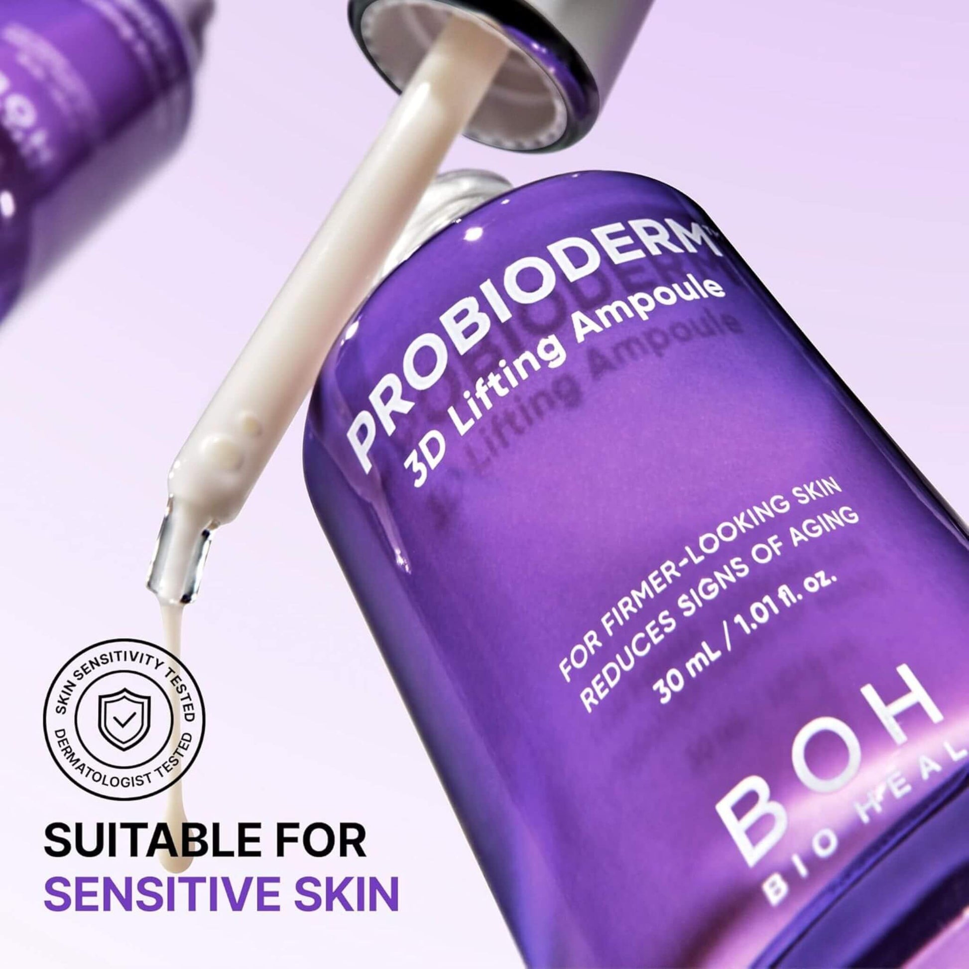Probioderm 3D Lifting Ampoule being dispensed from a purple bottle with a white background.
