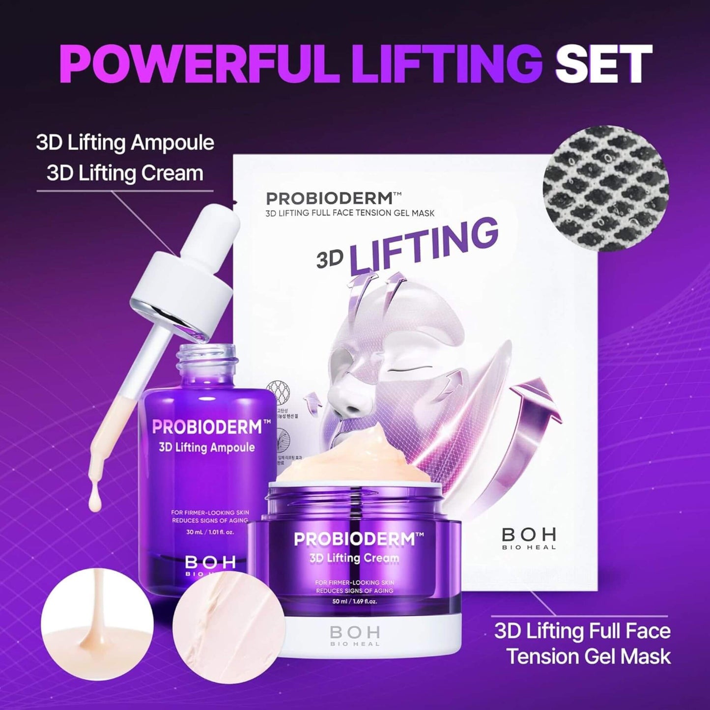 Probioderm 3D Lifting skincare set with ampoule, cream, and mask on a purple background