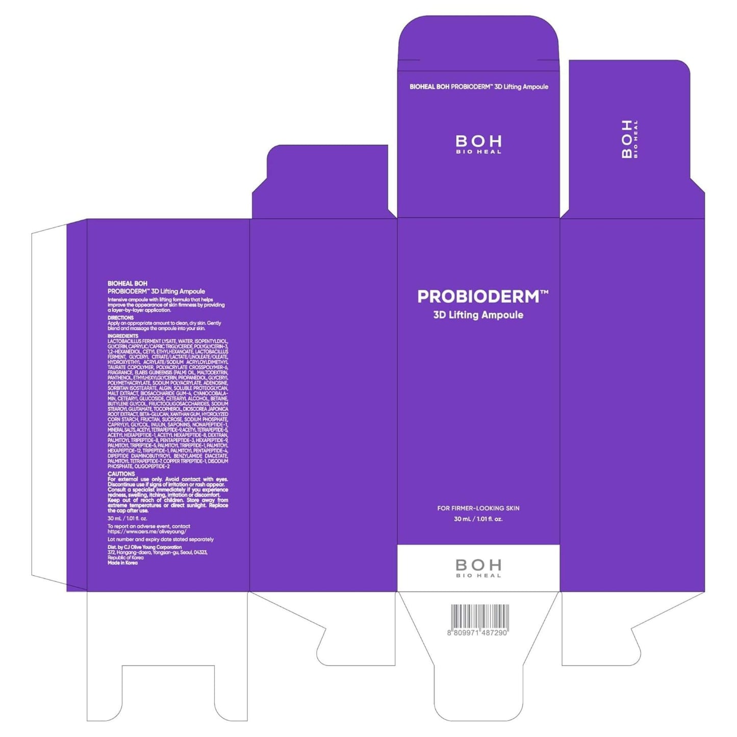 Purple packaging box for Probioderm 3D Lifting Ampoule with BOH branding.