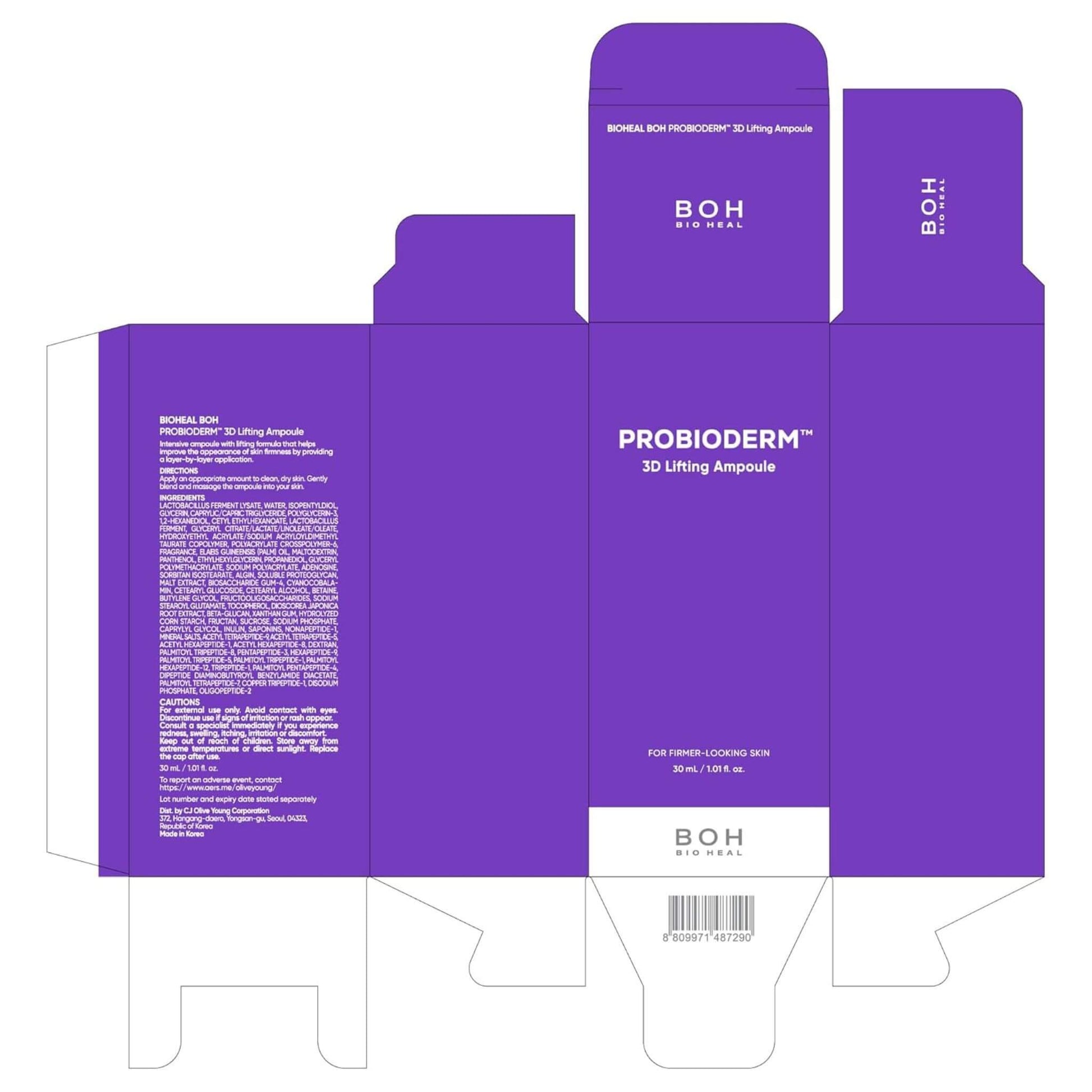 Purple packaging box for Probioderm 3D Lifting Ampoule with BOH branding.