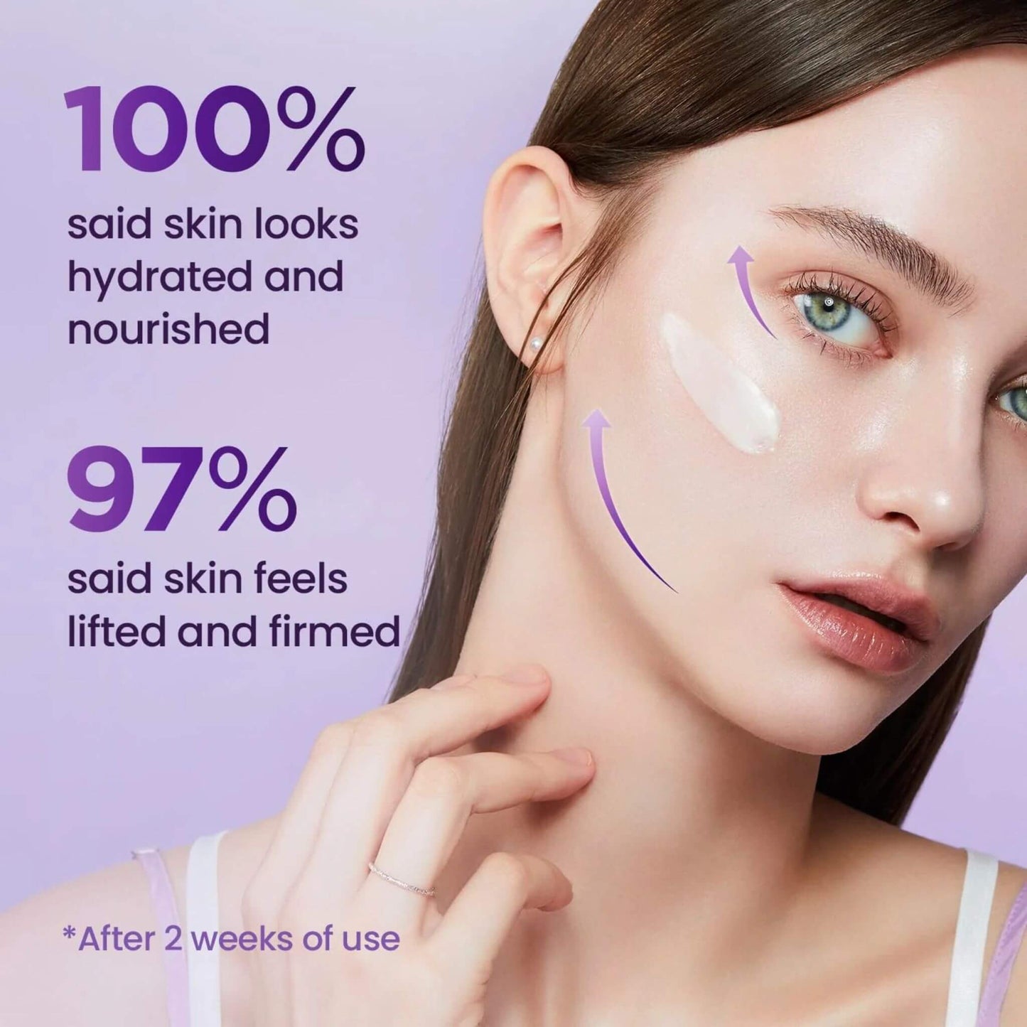 Woman with skincare product on face, text about skin hydration and firmness, purple background