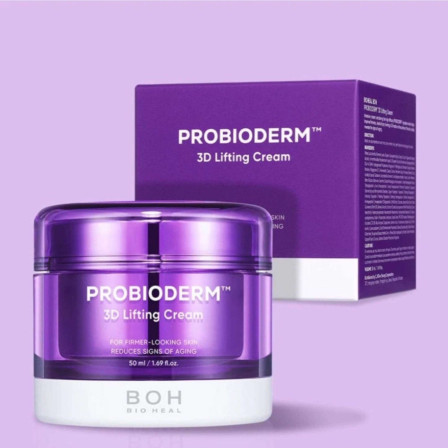 Probioderm 3D Lifting Cream jar and box on a purple background