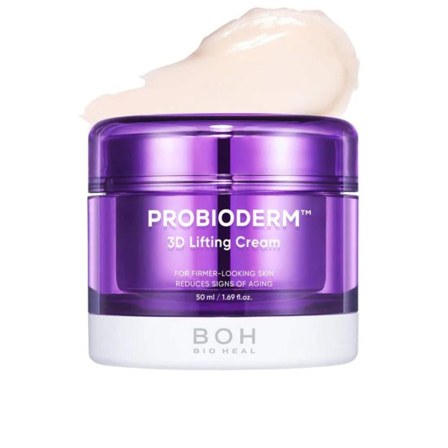 Purple jar of Probioderm 3D Lifting Cream with cream on top on a white background