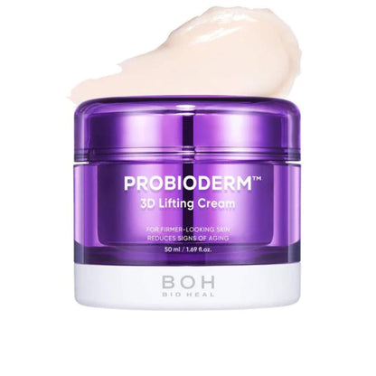 Purple jar of Probioderm 3D Lifting Cream with cream on top on a white background
