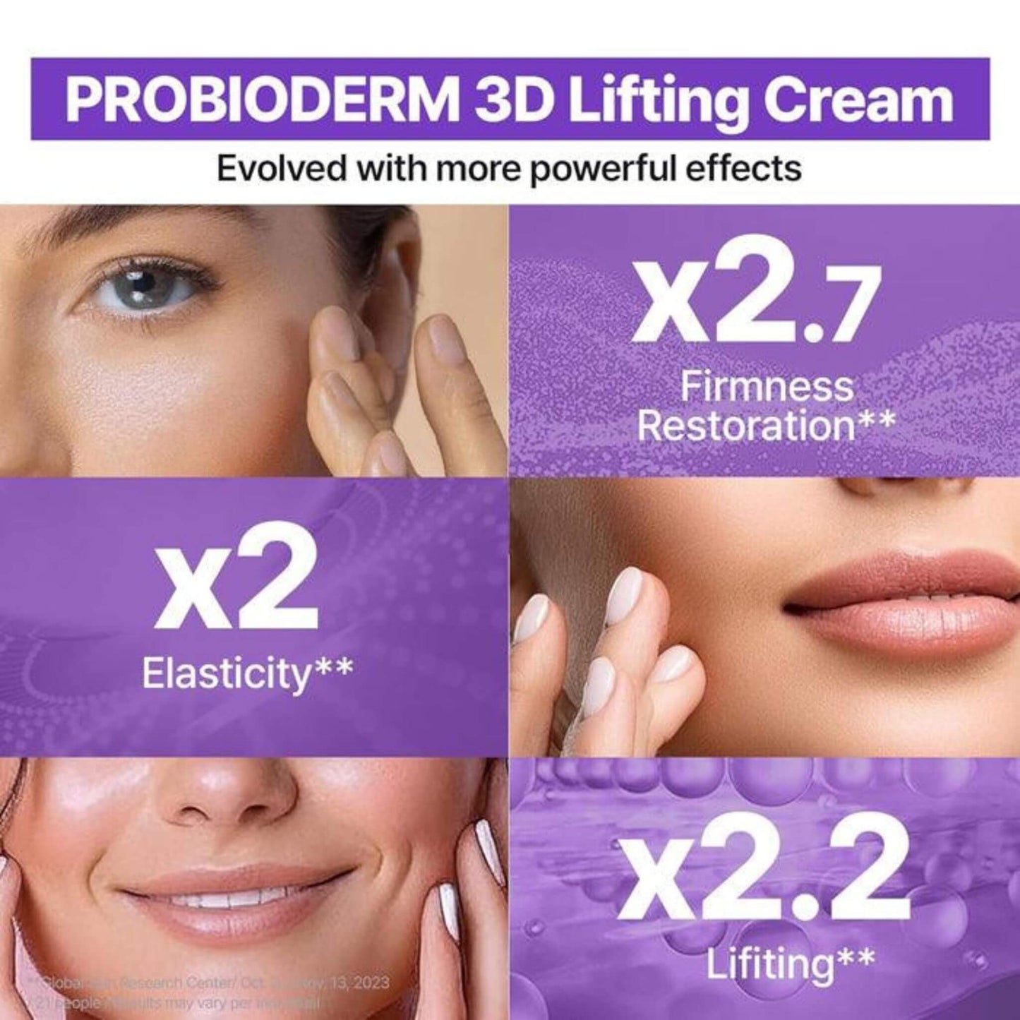 Advertisement for Probioderm 3D Lifting Cream with text highlighting effects on elasticity, firmness, and lifting.