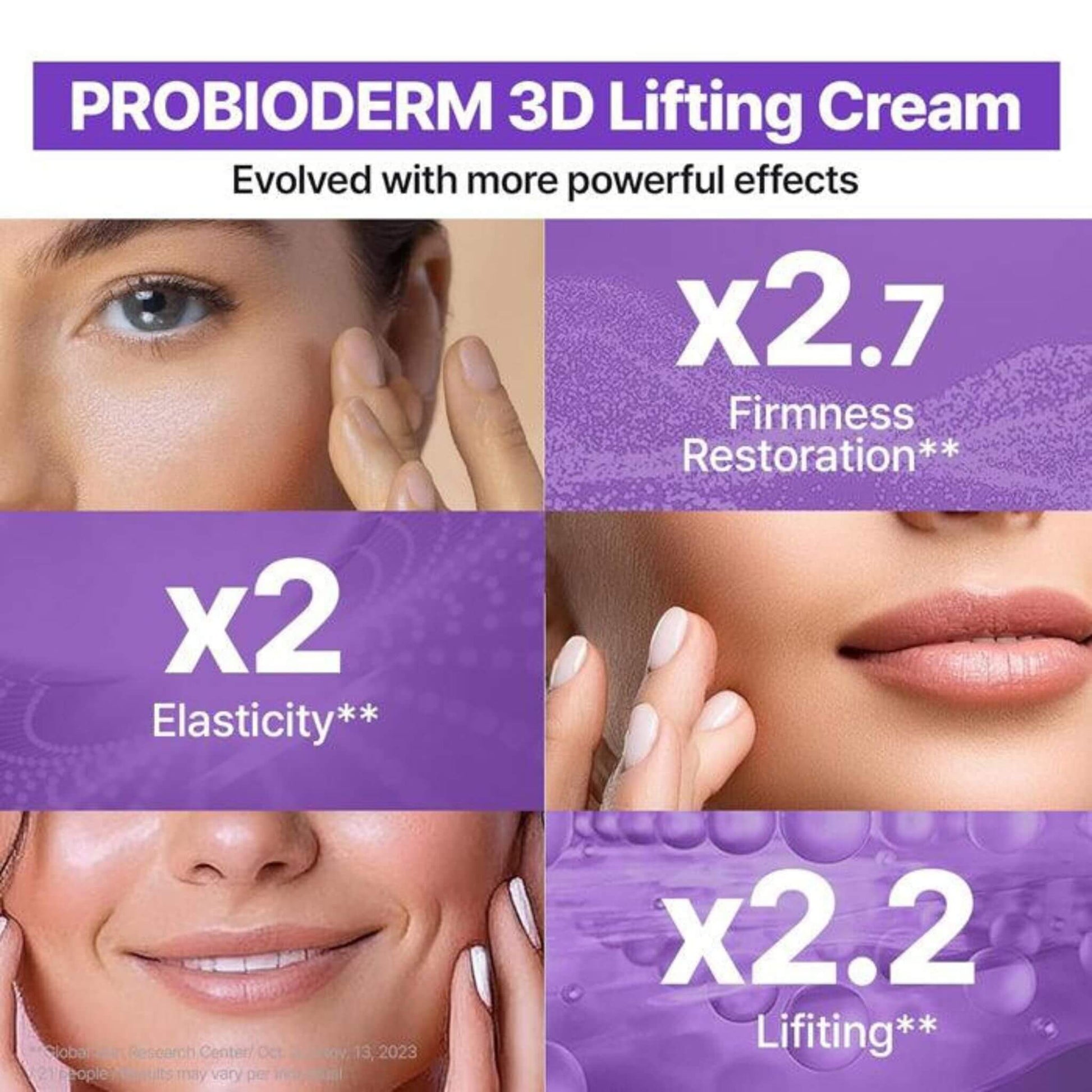 Advertisement for Probioderm 3D Lifting Cream with text highlighting effects on elasticity, firmness, and lifting.