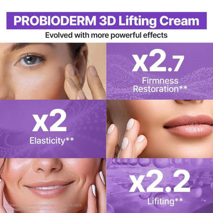Advertisement for Probioderm 3D Lifting Cream with text highlighting effects on elasticity, firmness, and lifting.