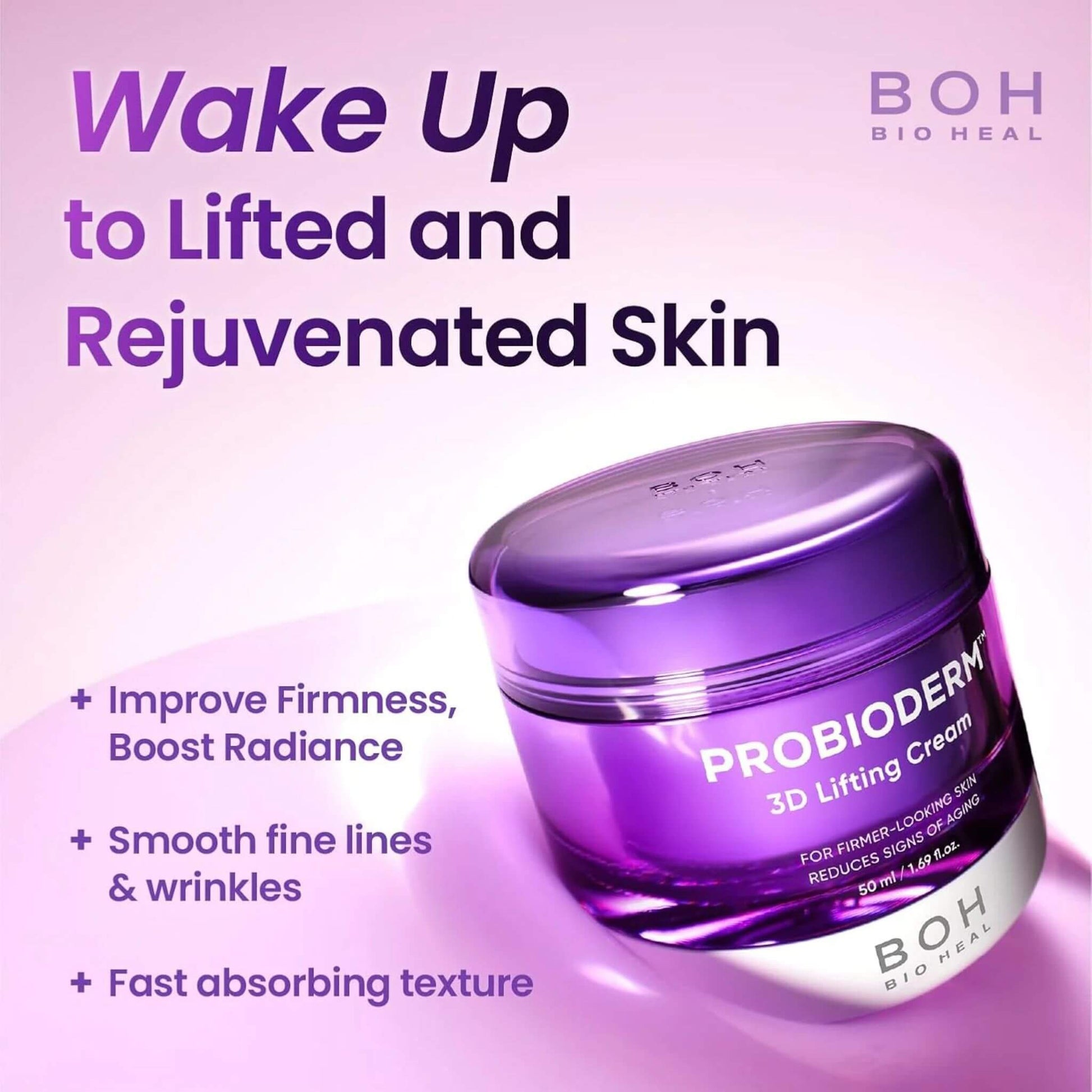 Purple skincare cream jar with text on a purple background, featuring the brand 'BOH Bio Heal'.