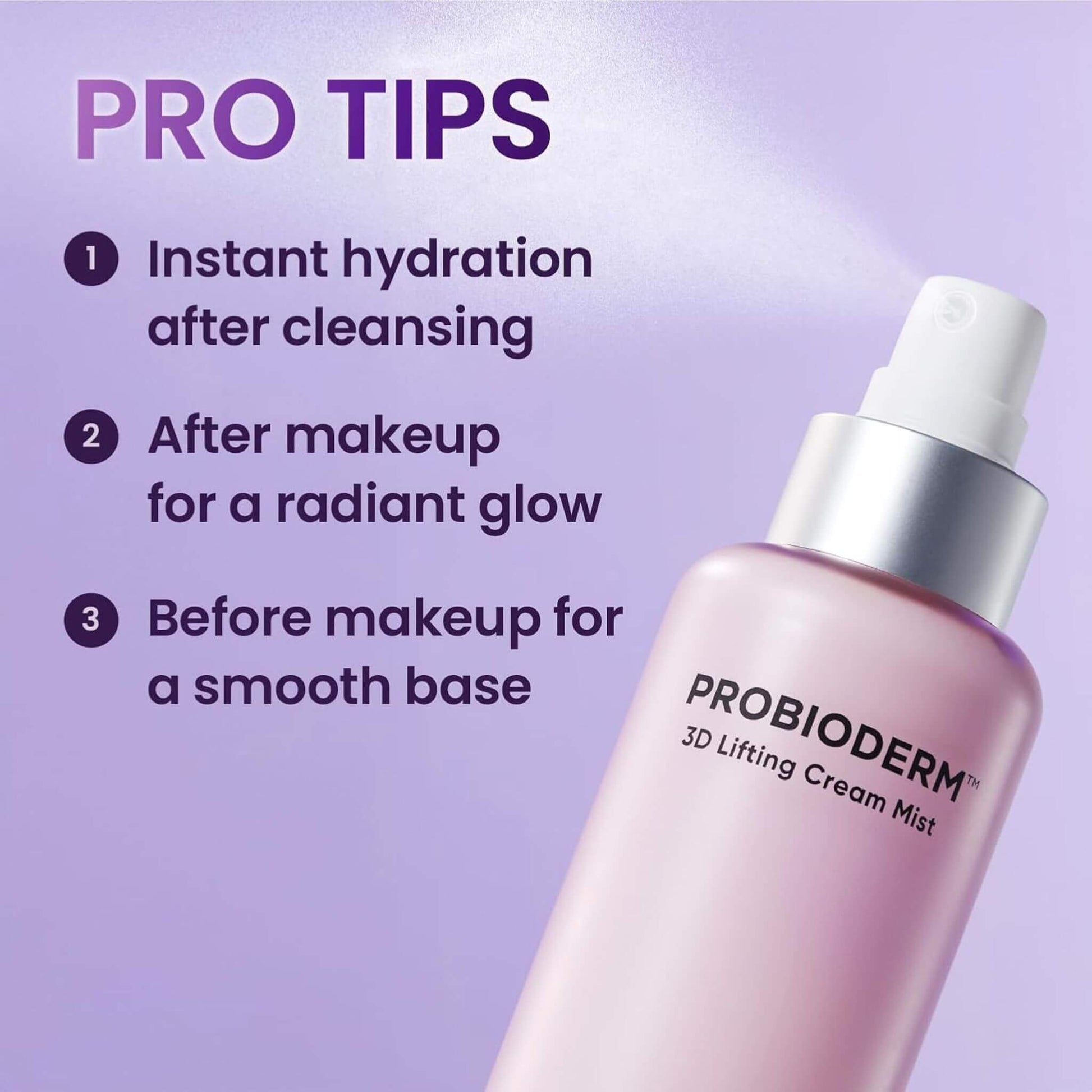 Probioderm 3D Lifting Cream Mist bottle with usage tips on a purple background