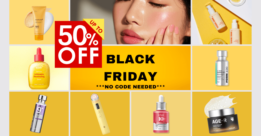 Black Friday K-Beauty sale banner featuring up to 50% off on viral Korean skincare favorites — no code needed.