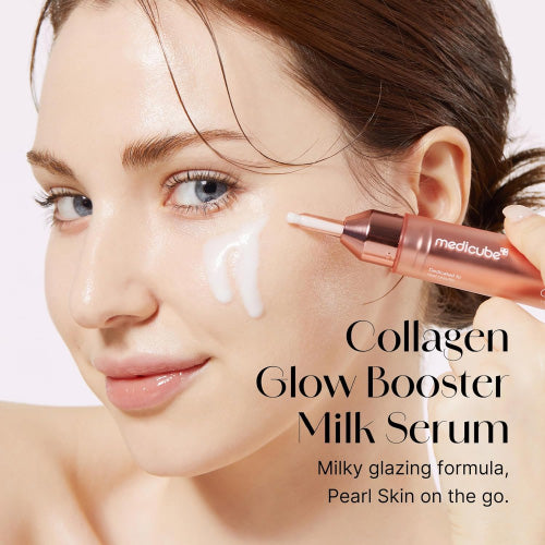Woman applying a skincare serum to her face with text about Collagen Glow Booster Milk Serum.