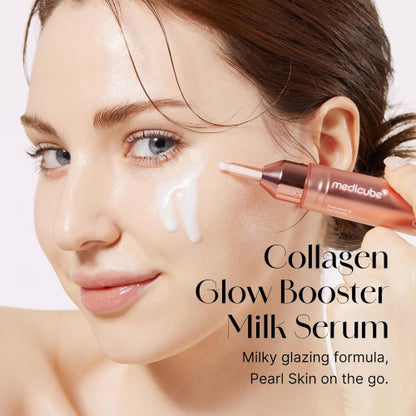 Woman applying a skincare serum to her face with text about Collagen Glow Booster Milk Serum.