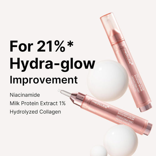 Two skincare serum bottles with text highlighting hydra-glow improvement on a white background