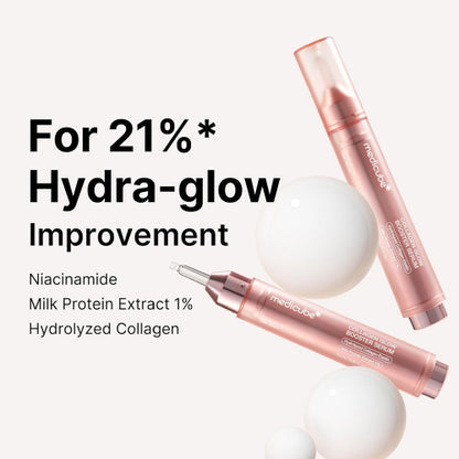 Two skincare serum bottles with text highlighting hydra-glow improvement on a white background