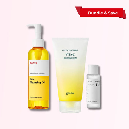 Bundle deal with Manyo Pure Cleansing Oil (200ml), Goodal Green Tangerine Vita-C Cleansing Foam, and Anua Heartleaf 77% Soothing Toner (40ml) — brightening and nourishing skincare set.