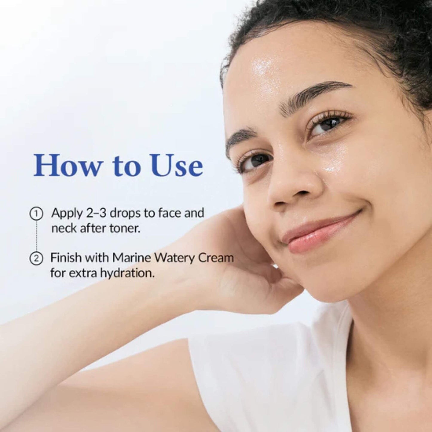 Woman applying skincare product with text on how to use it