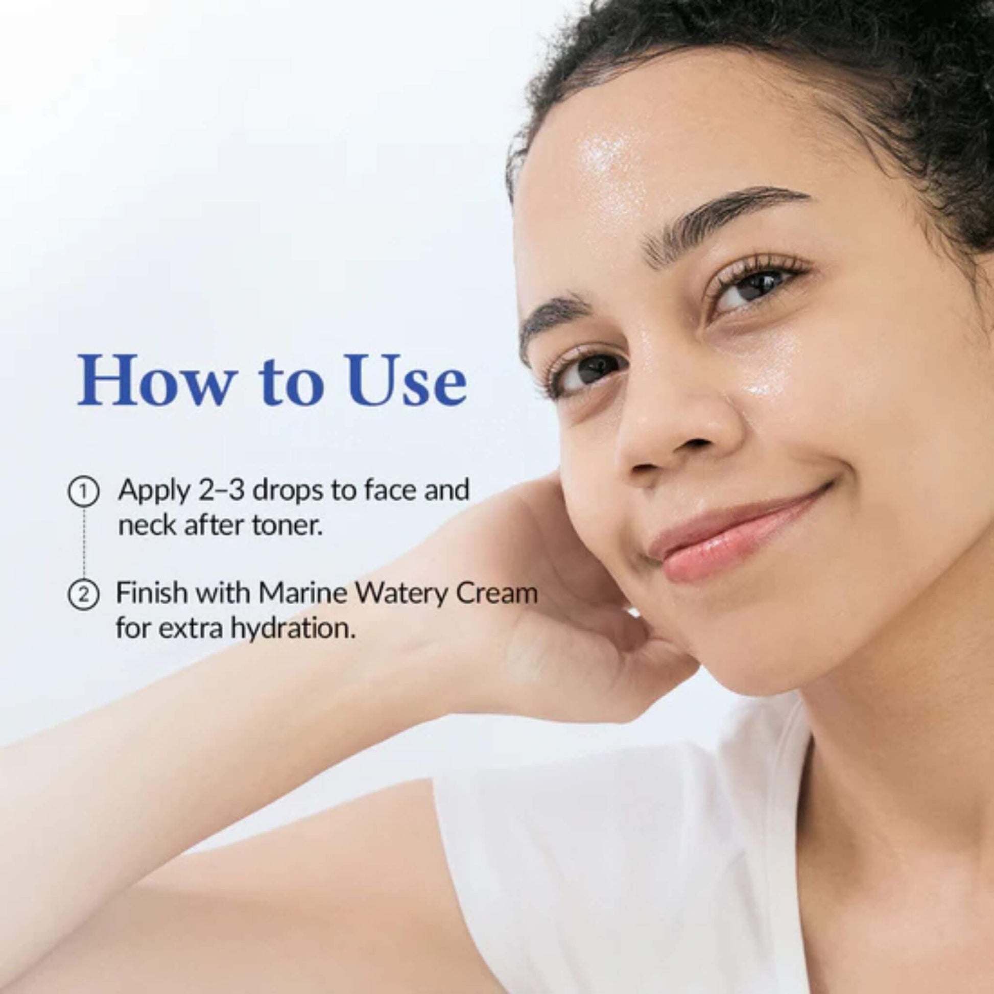 Woman applying skincare product with text on how to use it