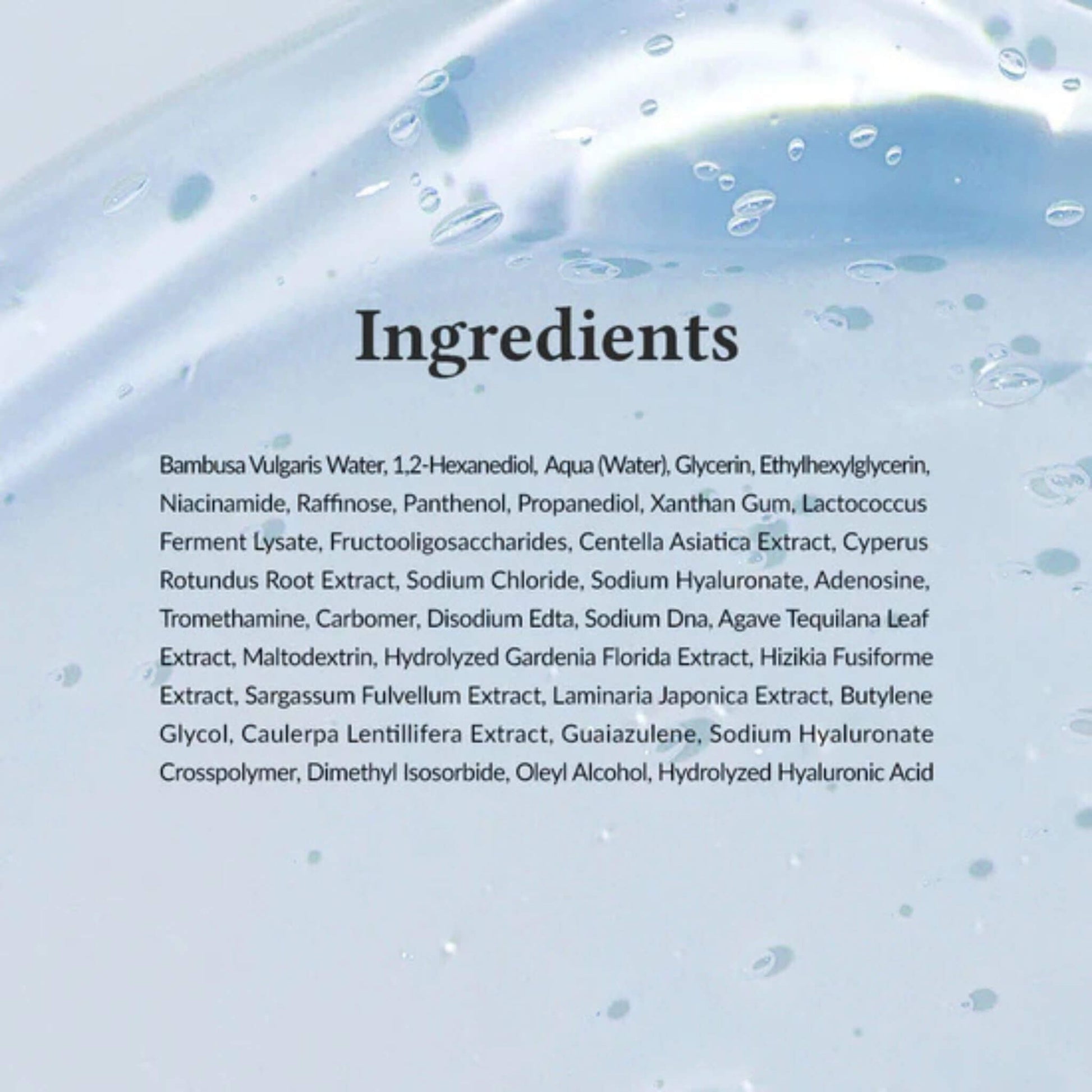 List of ingredients on a light blue background with water droplets