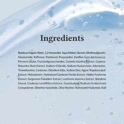 List of ingredients on a light blue background with water droplets