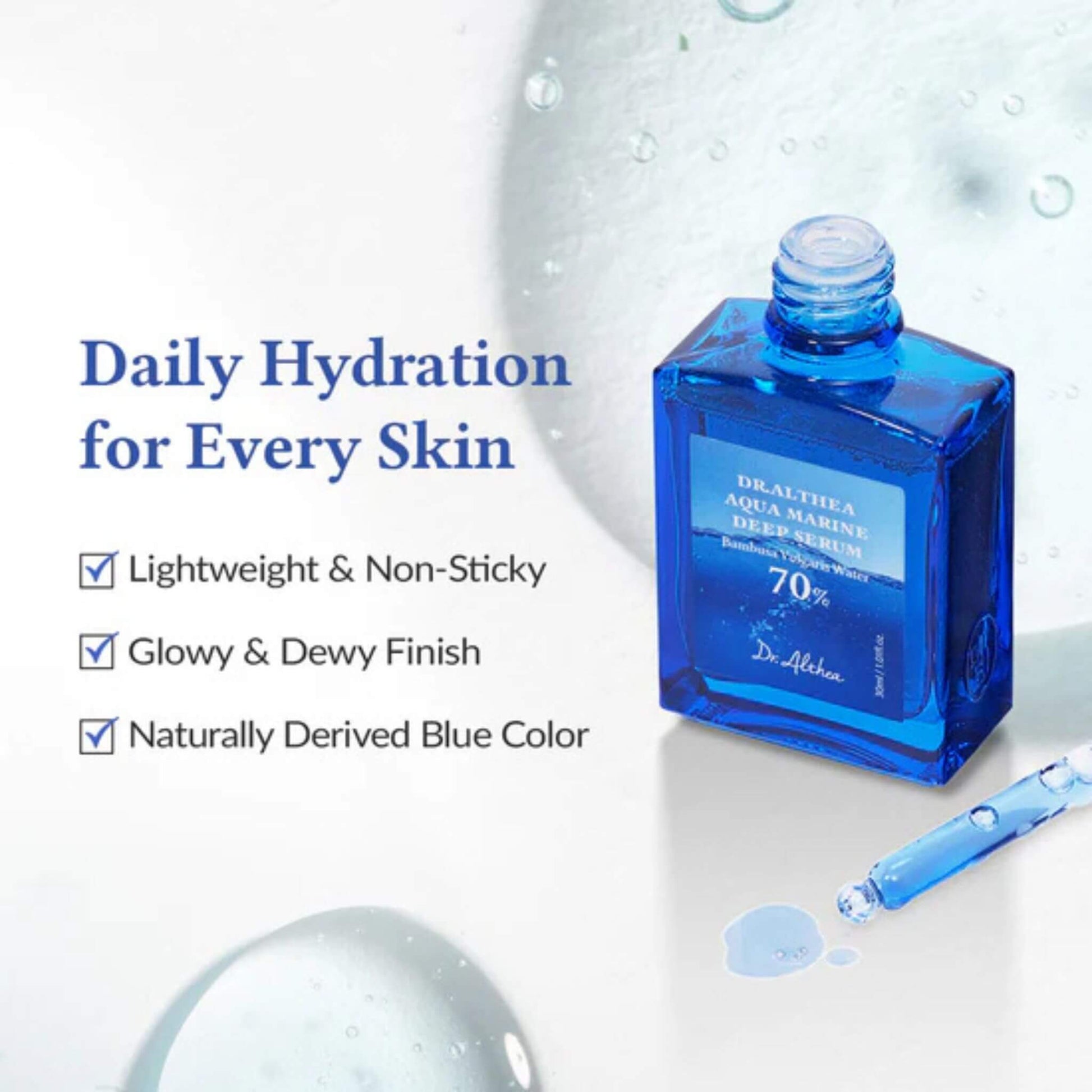 Blue skincare product bottle with dropper on a white background