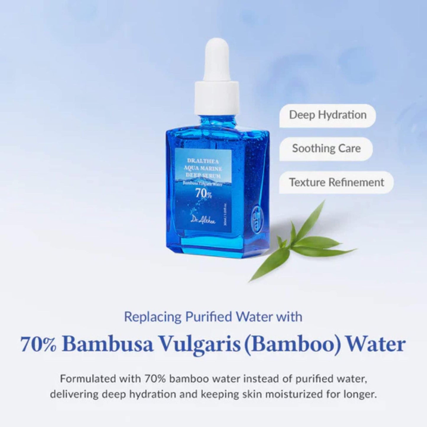 Blue skincare serum bottle with bamboo leaf on a light blue background